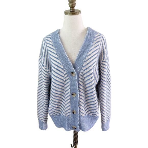 FRNCH Blue/White Herringbone Cardigan Size S/M V-Neck Button Up Oversized Fit - Picture 1 of 6